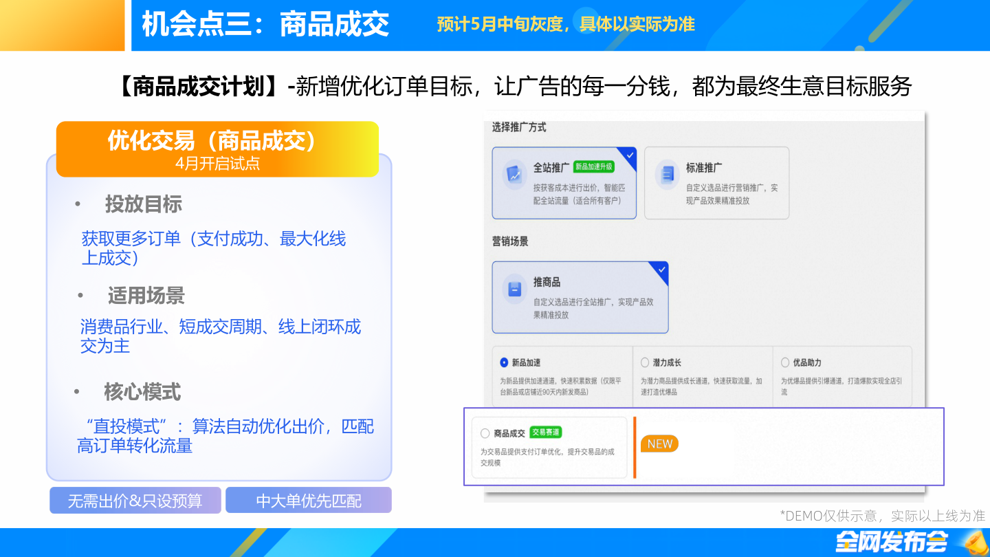 商品成交计划功能界面：优化交易（商品成交）直投模式